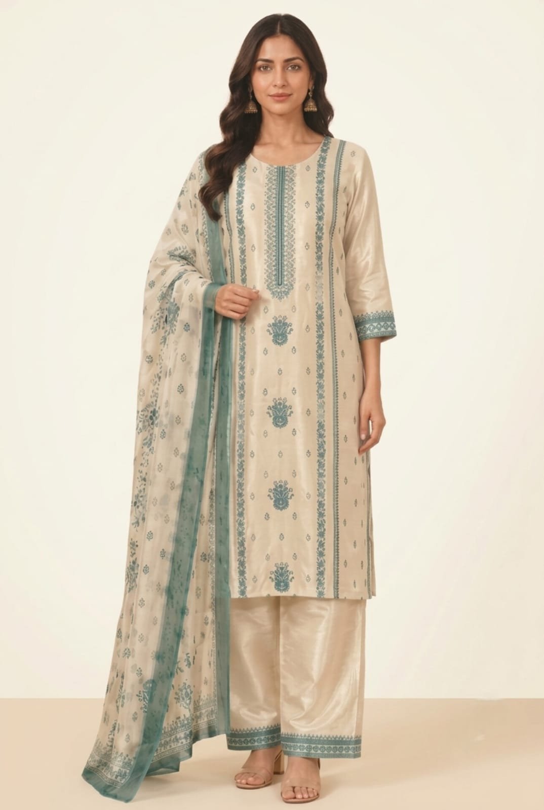 Blue printed Cream color 3 Piece Silk Suit
